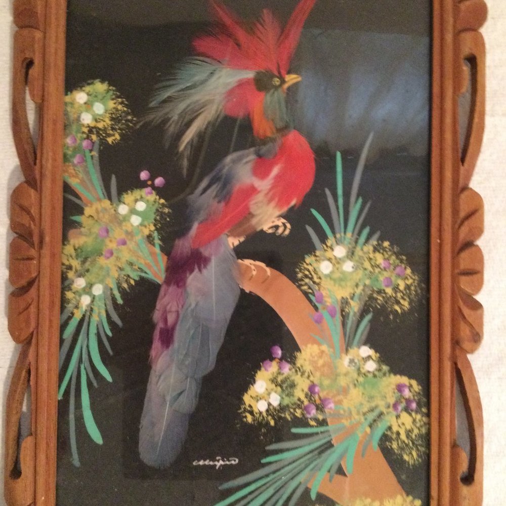 Vintage Mexican Folk Art Hand Painted Feather Bird Picture Carved Wood Frame eb
